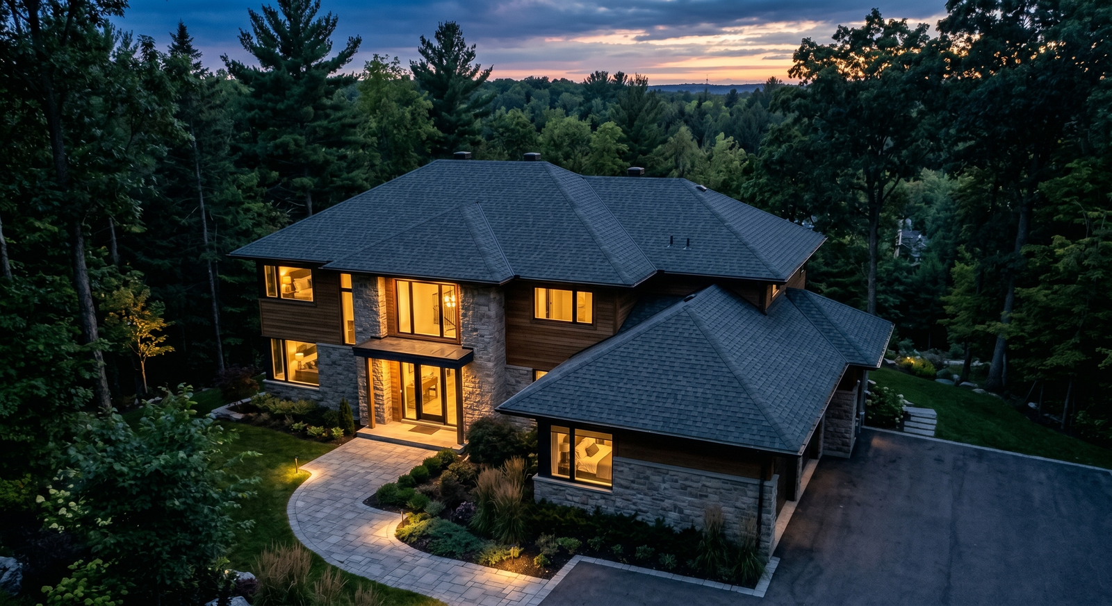 Aerial view of roof at dusk