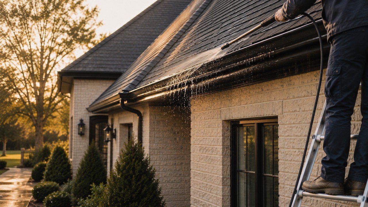 Water draining off a freshly cleaned gutter line at golden hour