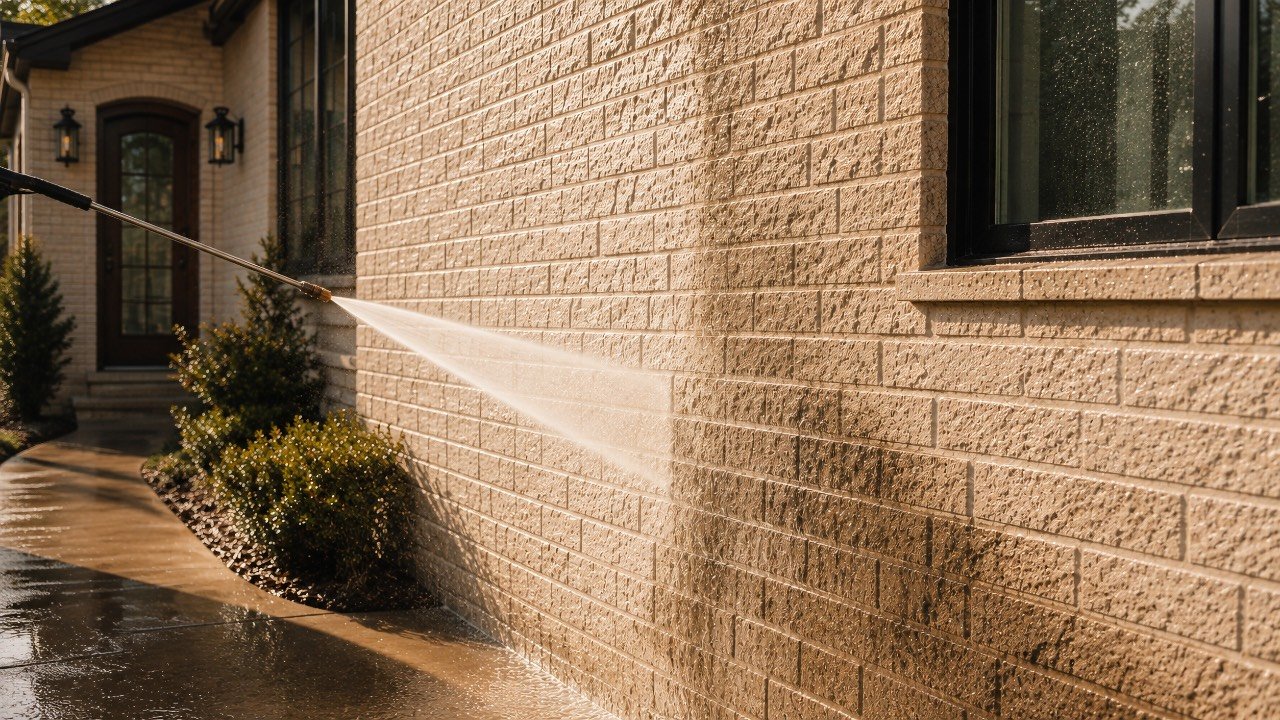 Close-up of a brick home exterior mid pressure-wash, clean brick next to algae-stained brick