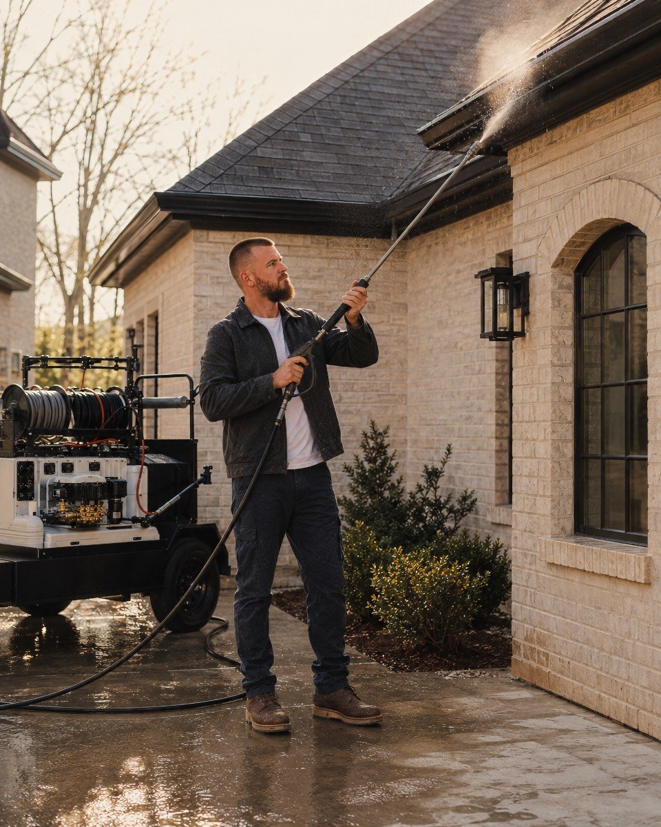 Owner of Surge Wash Co. pressure washing a roofline against a brick home