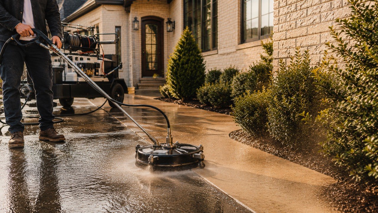 Pressure washer surface cleaner mid-pass on a paver driveway beside a home