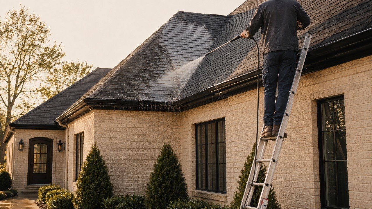 Technician on a ladder pressure washing a roofline and gutters